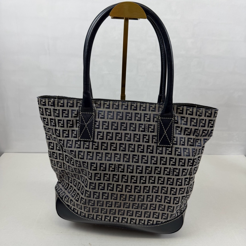 Fendi Zucca Canvas Tote Bag with Leather Trim Navy & Gray‎ - Picture 5 of 12